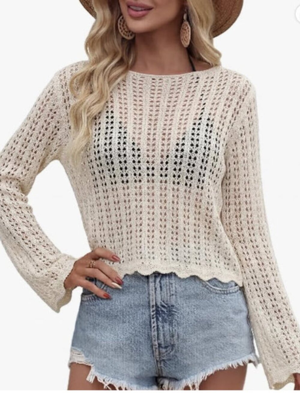 Crochet Sweater Casual Soft Cropped Boat Neck Long Sleeve Top -NWT - M